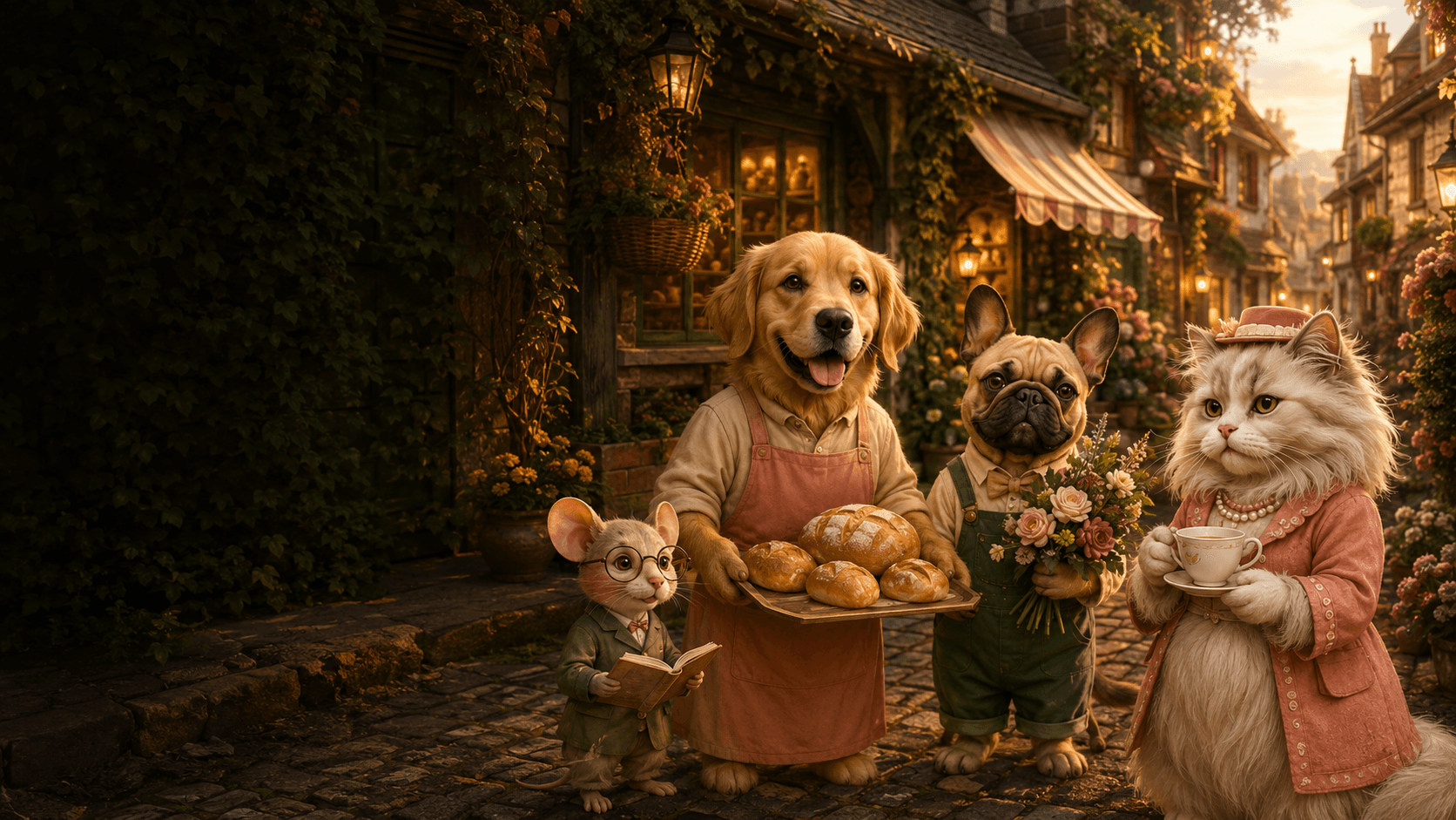 Mabel, Louis, Penelope and Arthur together on the Village shopping lane